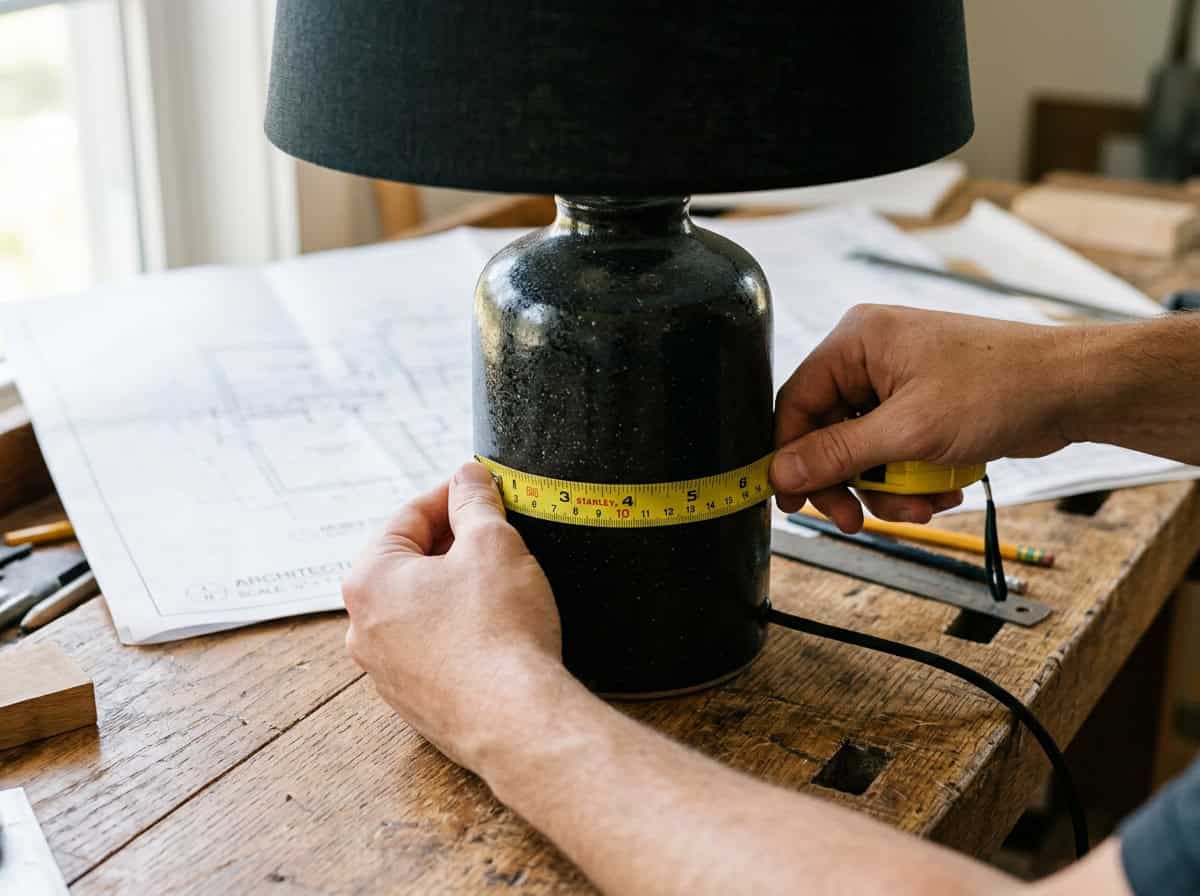 Measuring a glass lampshade for custom lighting design.