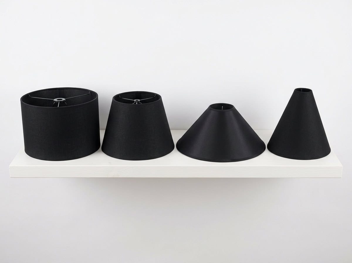 Set of four black glass lampshades in different shapes on a white shelf.