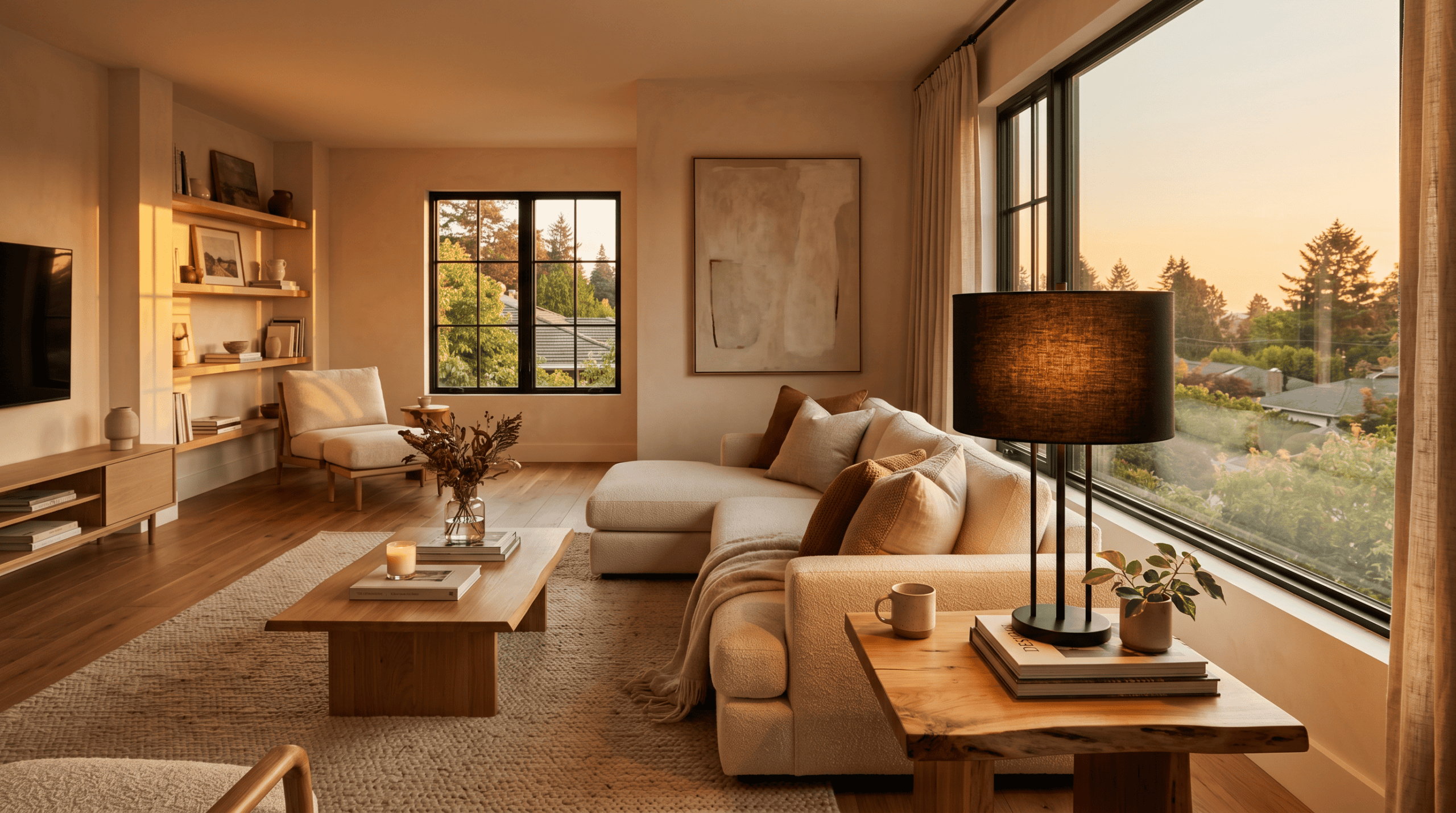 Elegant living room with glass lampshades and large windows showing sunset view.