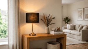 Stylish glass lampshade on wooden console in contemporary living space.