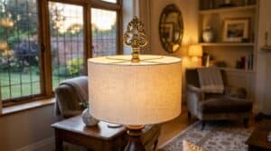 Beautiful glass lampshade in a cozy living room setting.