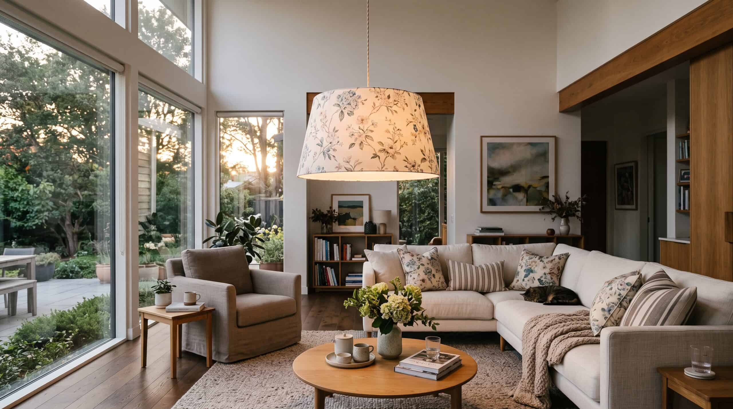Floraler Lampenschirm, modernes Wohnzimmerinterieur mit einer floralen Pendelleuchte als Mittelpunkt