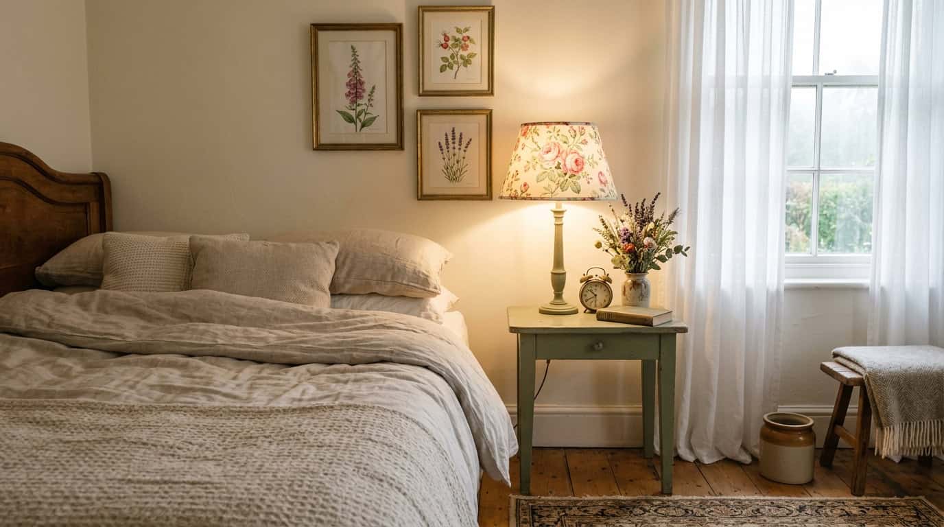 flower lampshade: English country bedroom with floral chintz empire shade glowing warm on a painted bedside table, botanical prints on wall, soft morning light through sheer curtains
