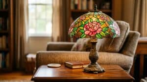 Vibrant Tiffany-style stained glass lampshade in a cozy living room setting.