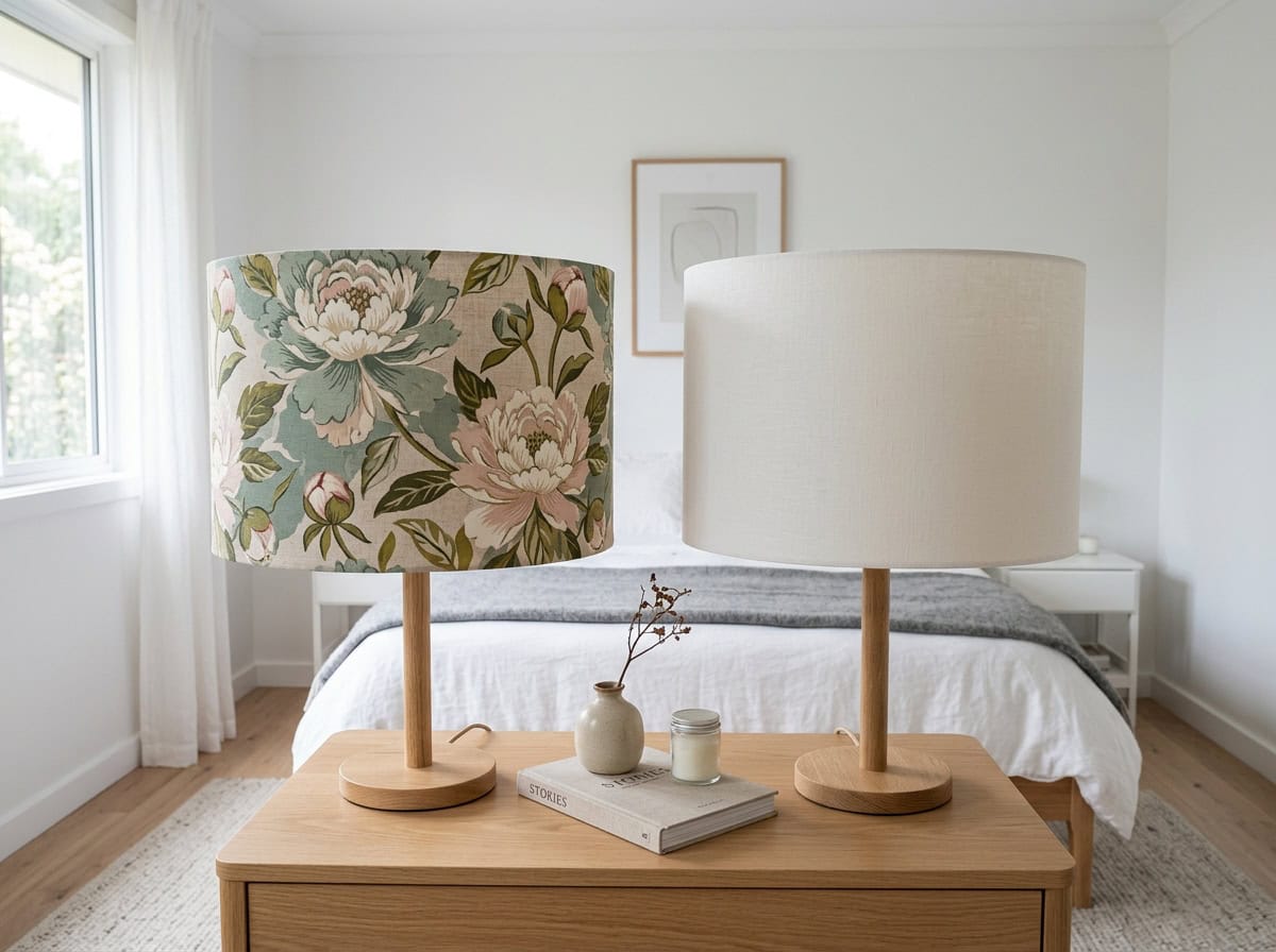 flower lampshade: close-up of floral printed fabric shade next to plain drum shade on a bedroom dresser, showing how pattern scale affects visual weight, warm natural daylight from window