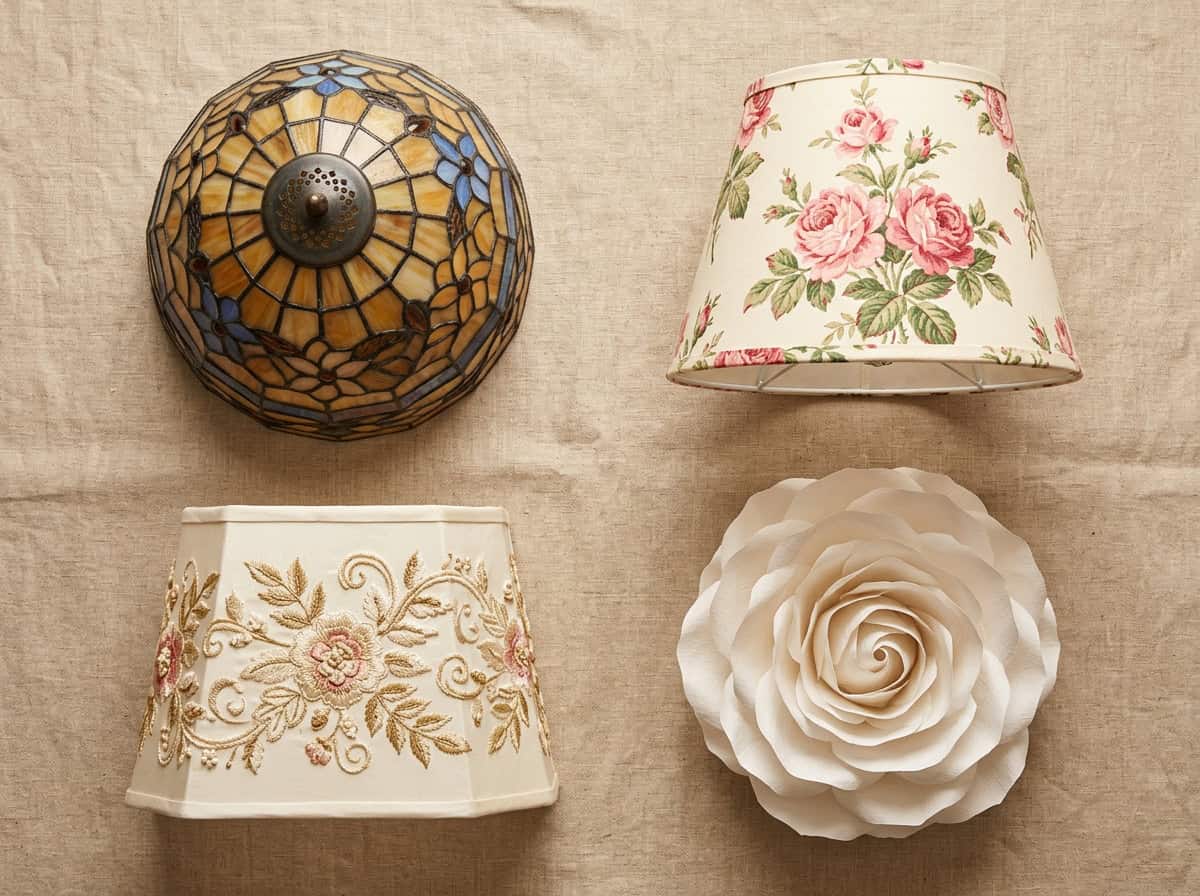 flower lampshade: four styles (Tiffany glass, chintz fabric, embroidered silk, sculptural paper petal) arranged on a rustic wooden shelf, warm directional studio lighting, no text