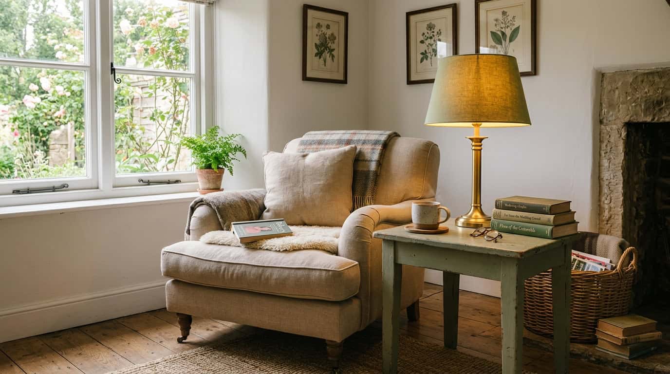 Cozy living room with glass lampshade, armchair, and natural light.