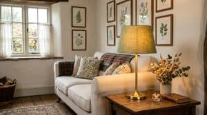 Glass lampshade providing warm lighting in a rustic living room setting.