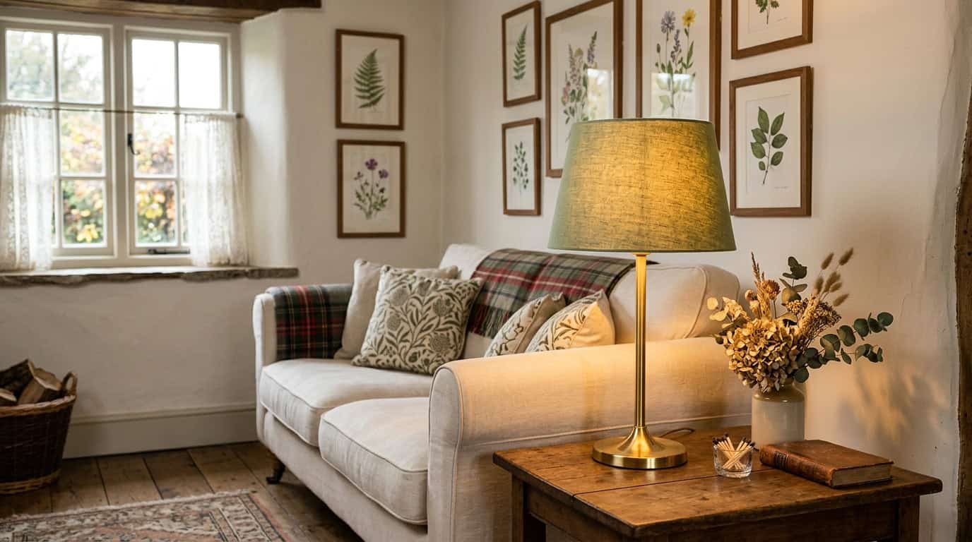 Glass lampshade providing warm lighting in a rustic living room setting.