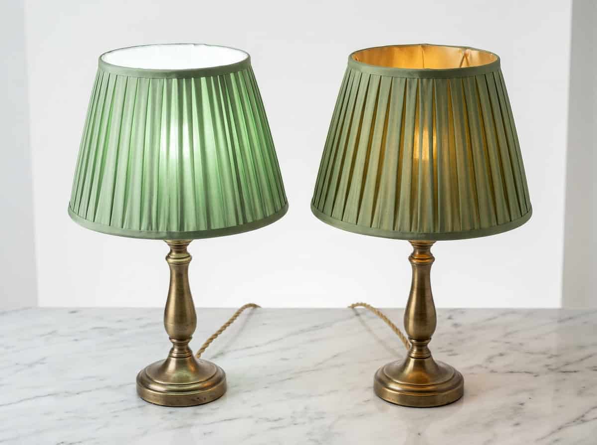 Pair of vintage glass lampshades with brass bases on marble surface.