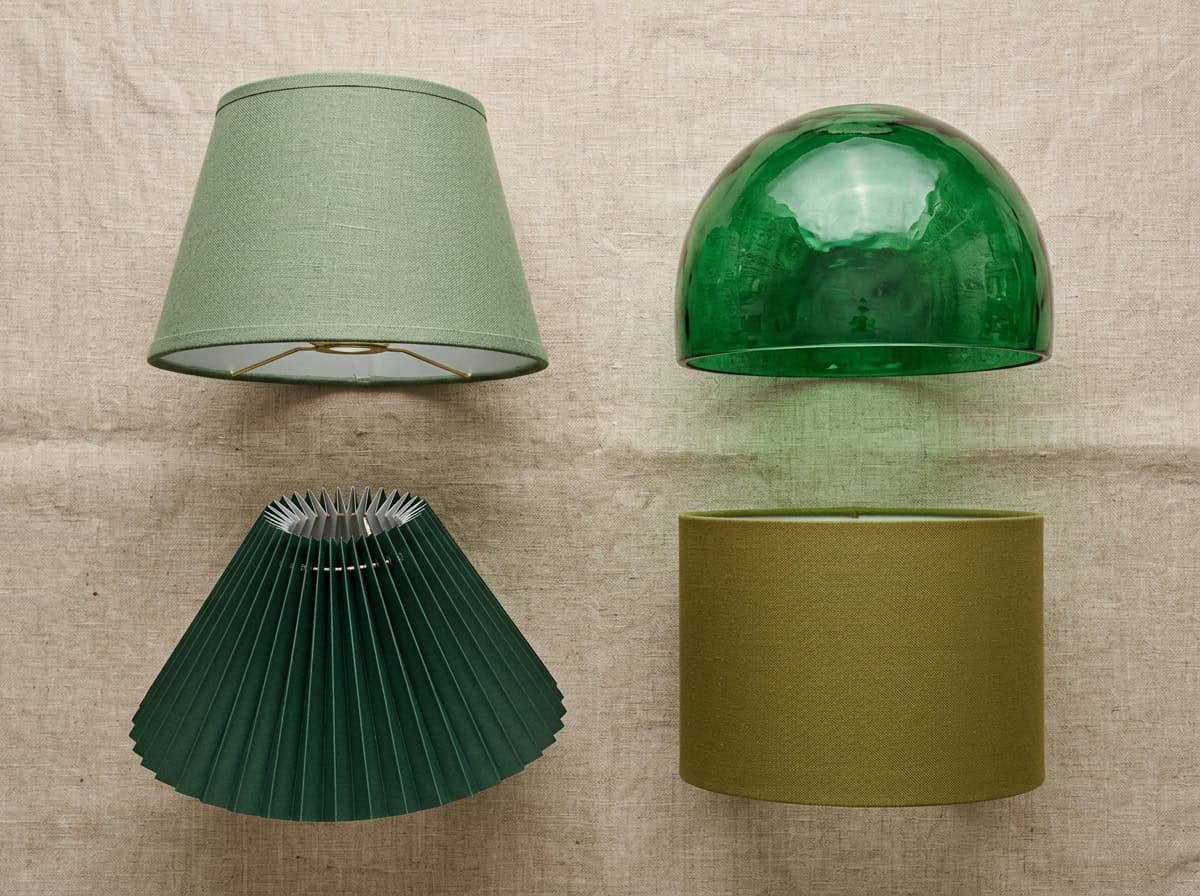 Collection of modern glass and fabric lampshades for stylish lighting.