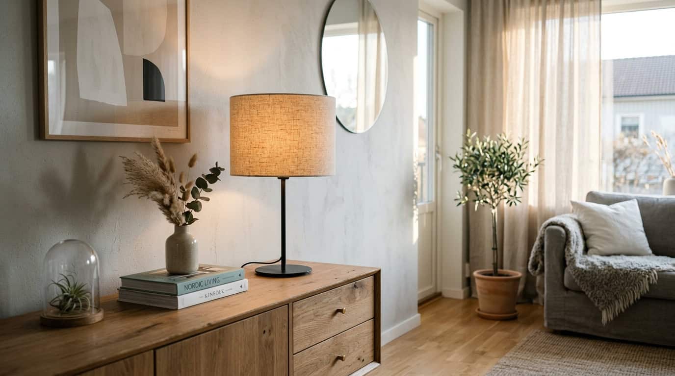 how to make a lampshade — modern living room with a handmade linen drum shade glowing softly on a sideboard lamp, golden hour light