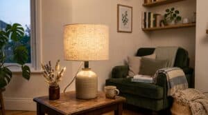 Cozy living room with glass lampshade, sofa, and decorative plants.