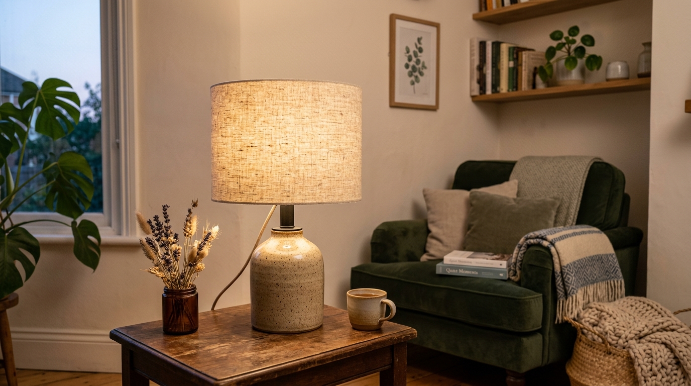 Sala de estar aconchegante com abajur de vidro, sofá e plantas decorativas.
