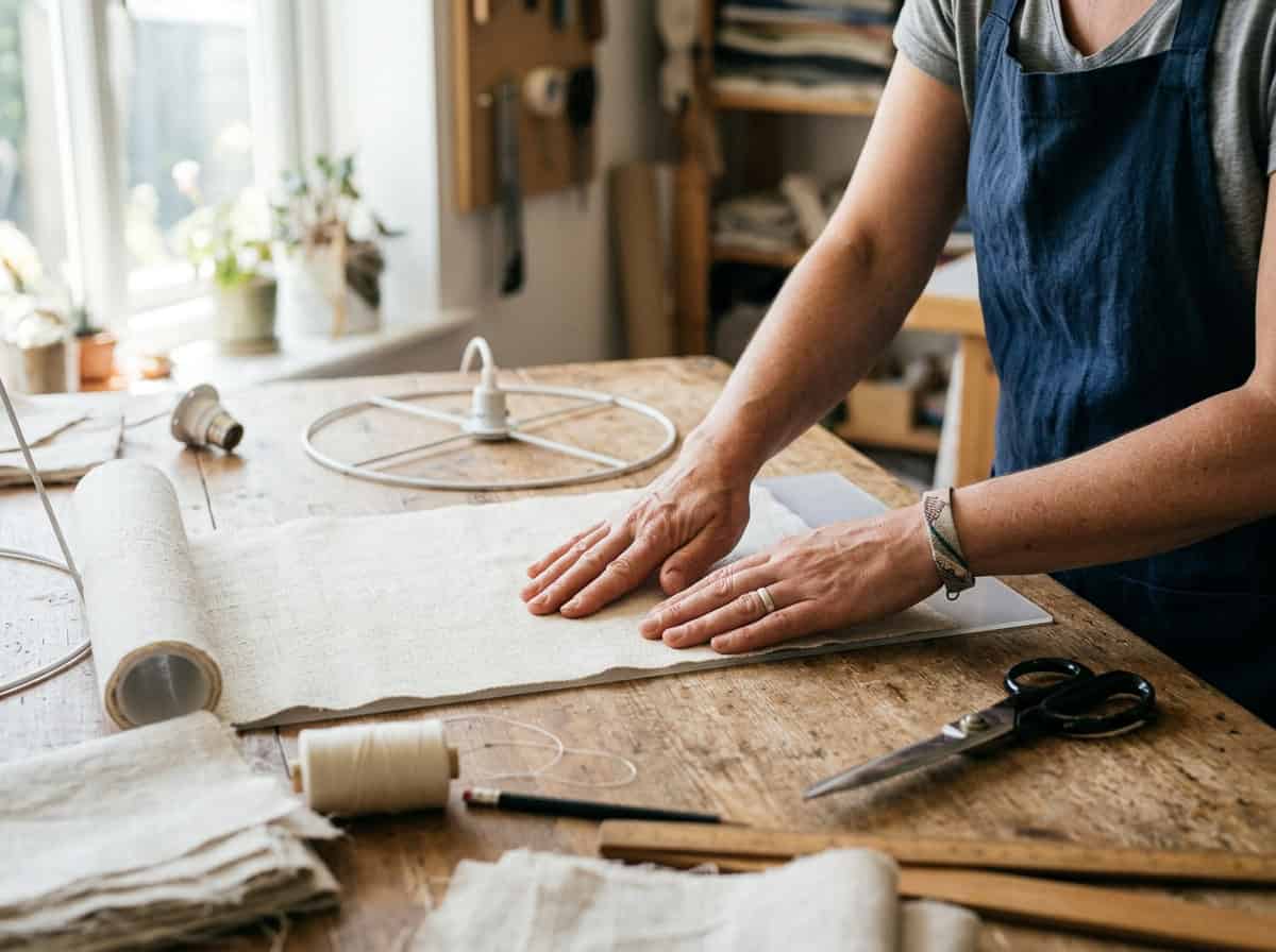 how to make a lampshade — close-up of hands pressing fabric onto self-adhesive styrene panel on a worktable, natural daylight