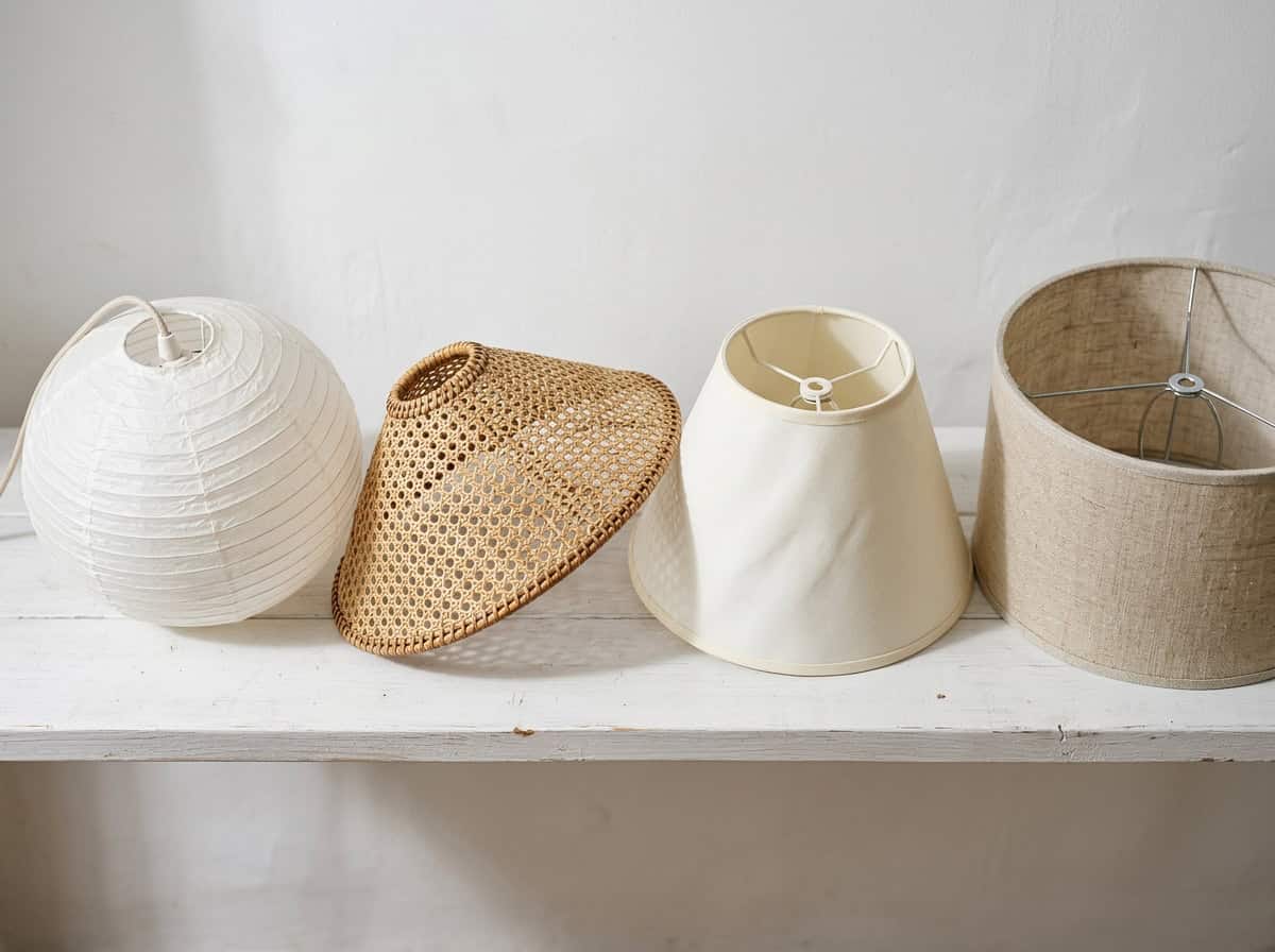 how to make a lampshade — four shade styles side by side on white shelf: drum, empire, coolie, and pendant