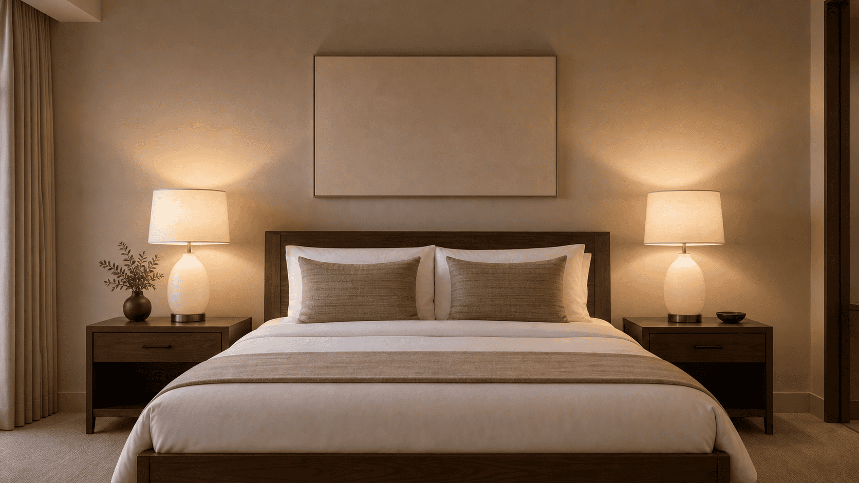 Beautiful glass lampshades on bedside tables in cozy bedroom.