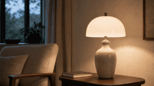 Beautiful glass lampshade on a wooden side table in a cozy living room.