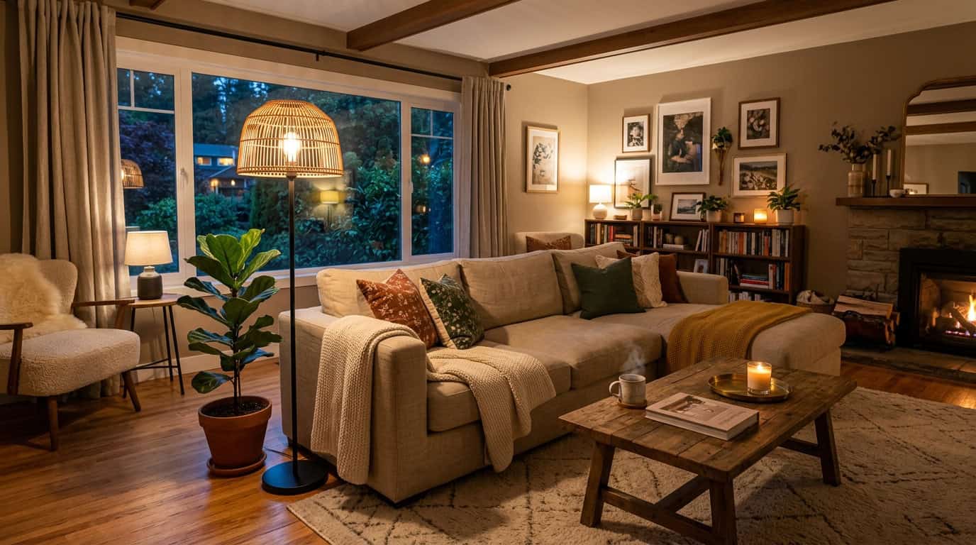 Cozy living room with glass lampshade, sofa, and warm lighting.
