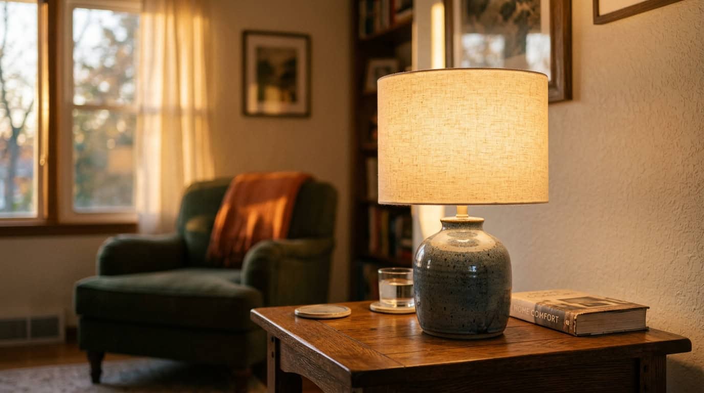Abajur de vidro em mesa de madeira em ambiente aconchegante de sala de estar.