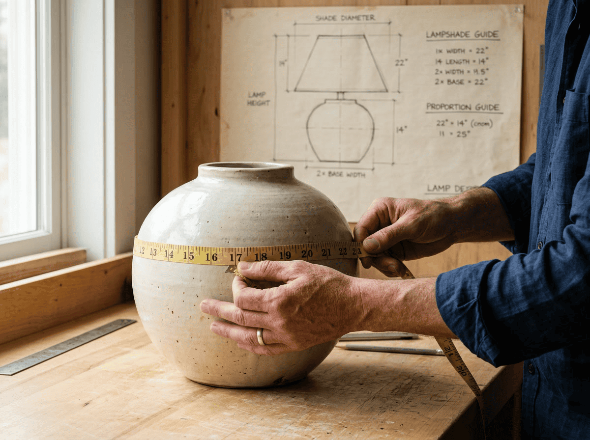 Craftsman measuring a large glass lampshade in workshop for SEO.