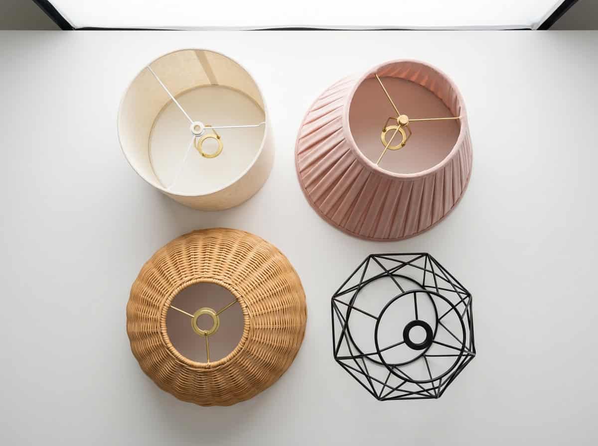 Variety of stylish glass lampshades in different shapes and colors.