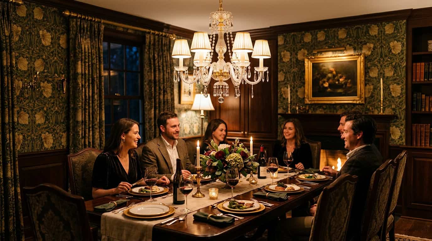 Luxurious dining room illuminated by glass lampshades and chandelier lighting.