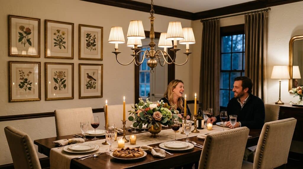Two people enjoying dinner under a glass lampshade chandelier in a cozy dining room.