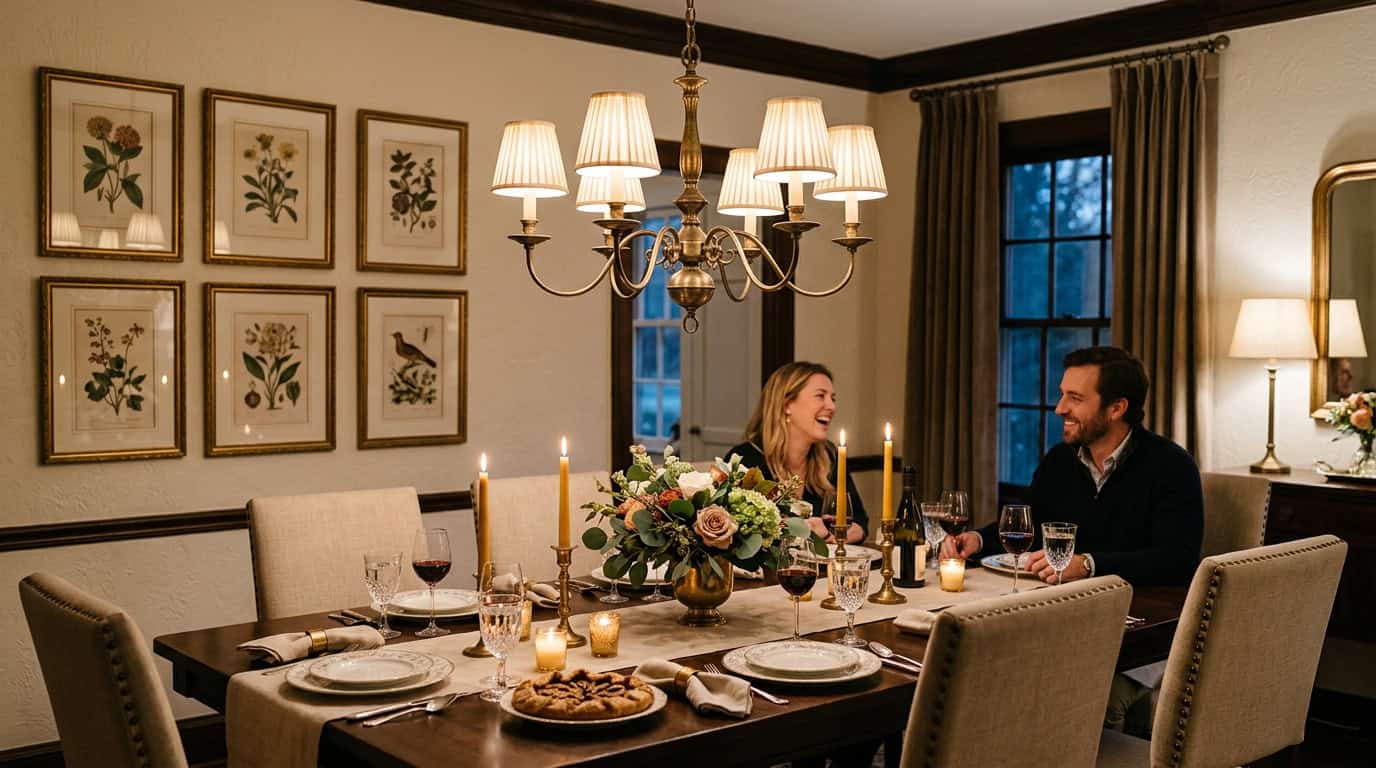 Two people enjoying dinner under a glass lampshade chandelier in a cozy dining room.