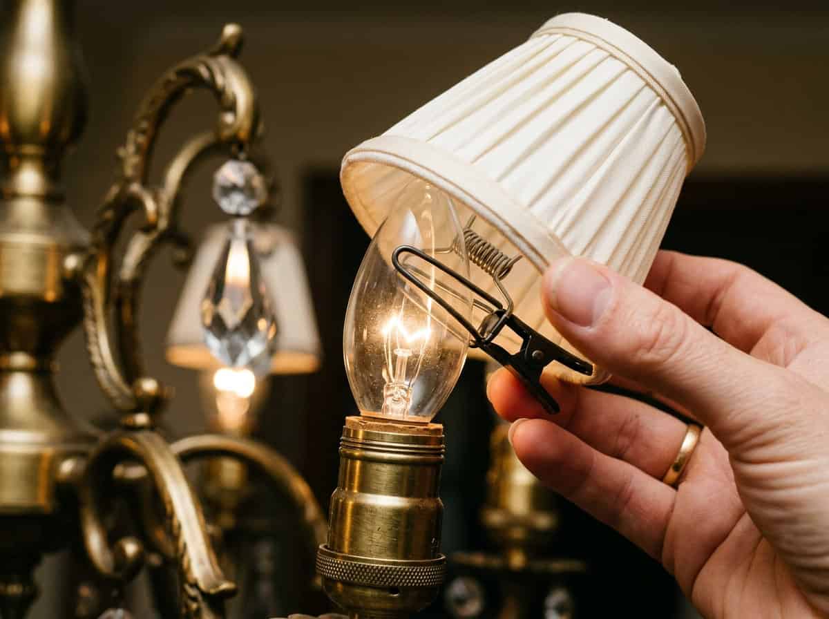 Hand holding a glass lampshade with a light bulb inside for lighting.