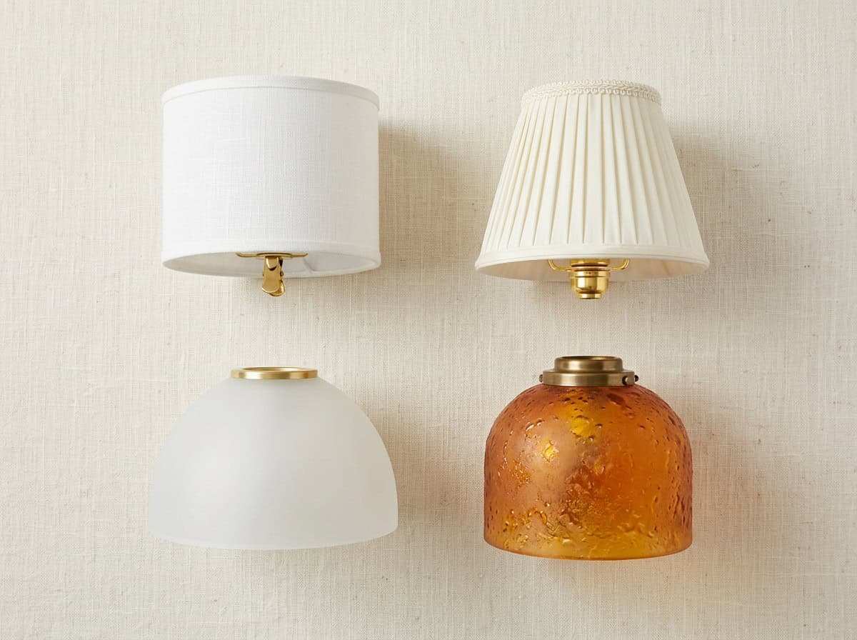Variety of glass lampshades with different designs and finishes.