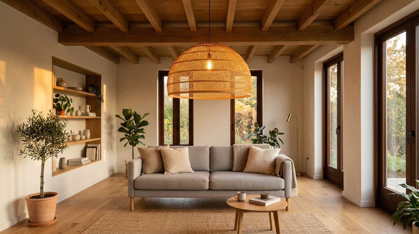 Stylish glass lampshade hanging over a cozy living room sofa.