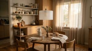 Elegant dining room with glass lampshade, wooden furniture, and natural light.
