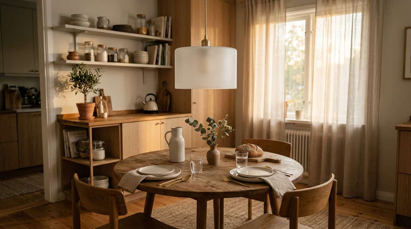 Elegant dining room with glass lampshade, wooden furniture, and natural light.
