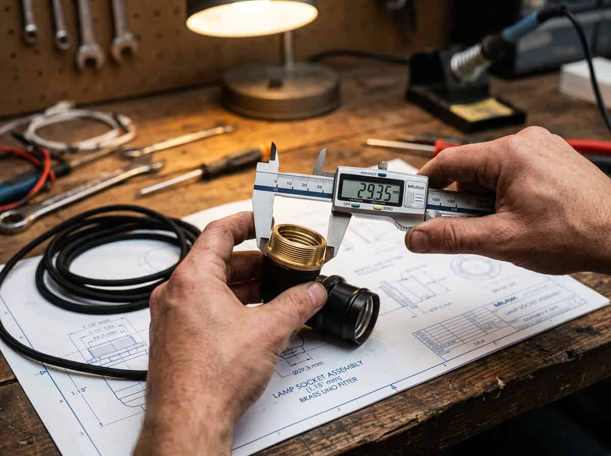 Technician measuring a brass fitting for a glass lampshade with caliper.
