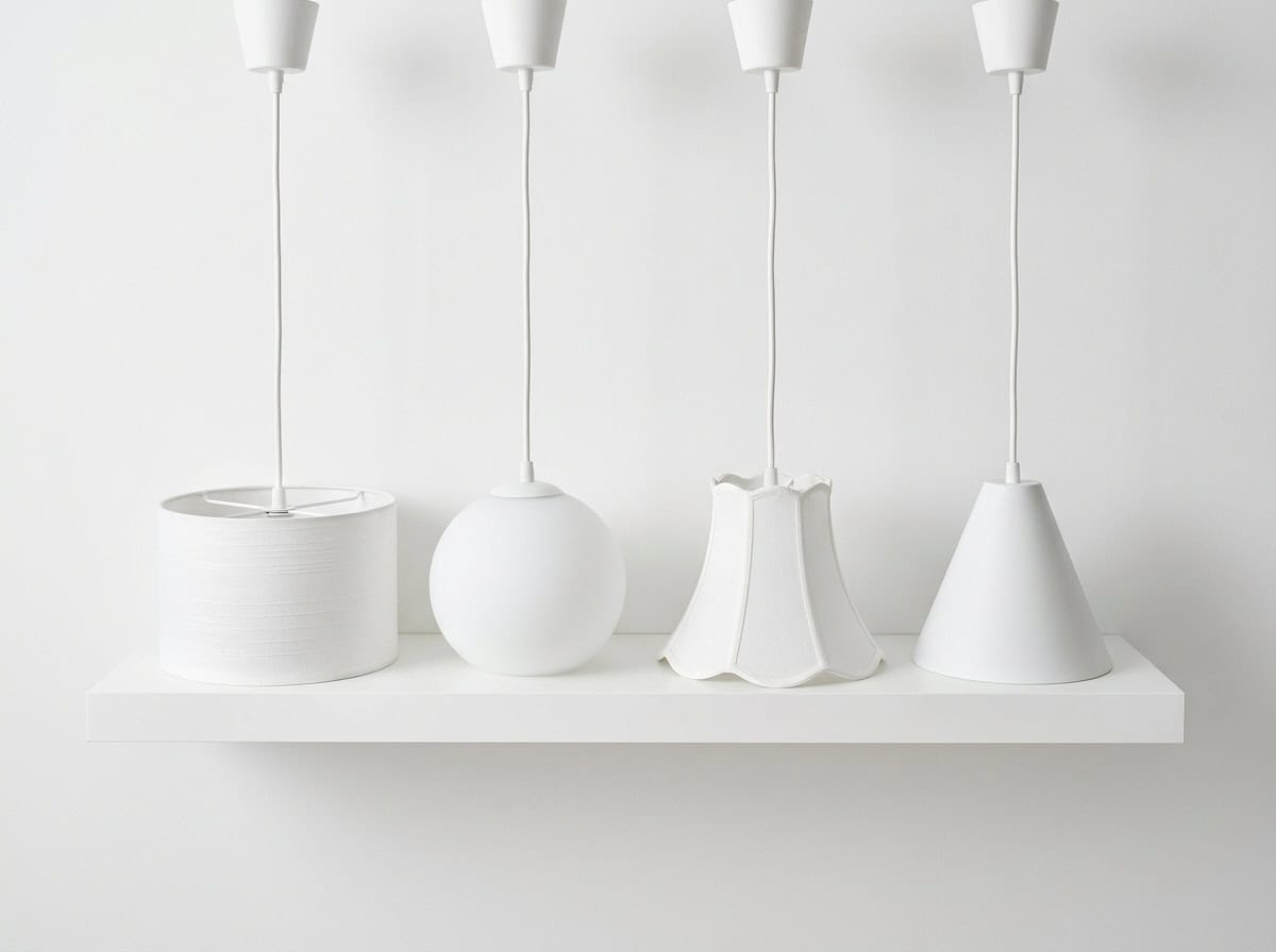 Minimalist white glass lampshades hanging from ceiling.