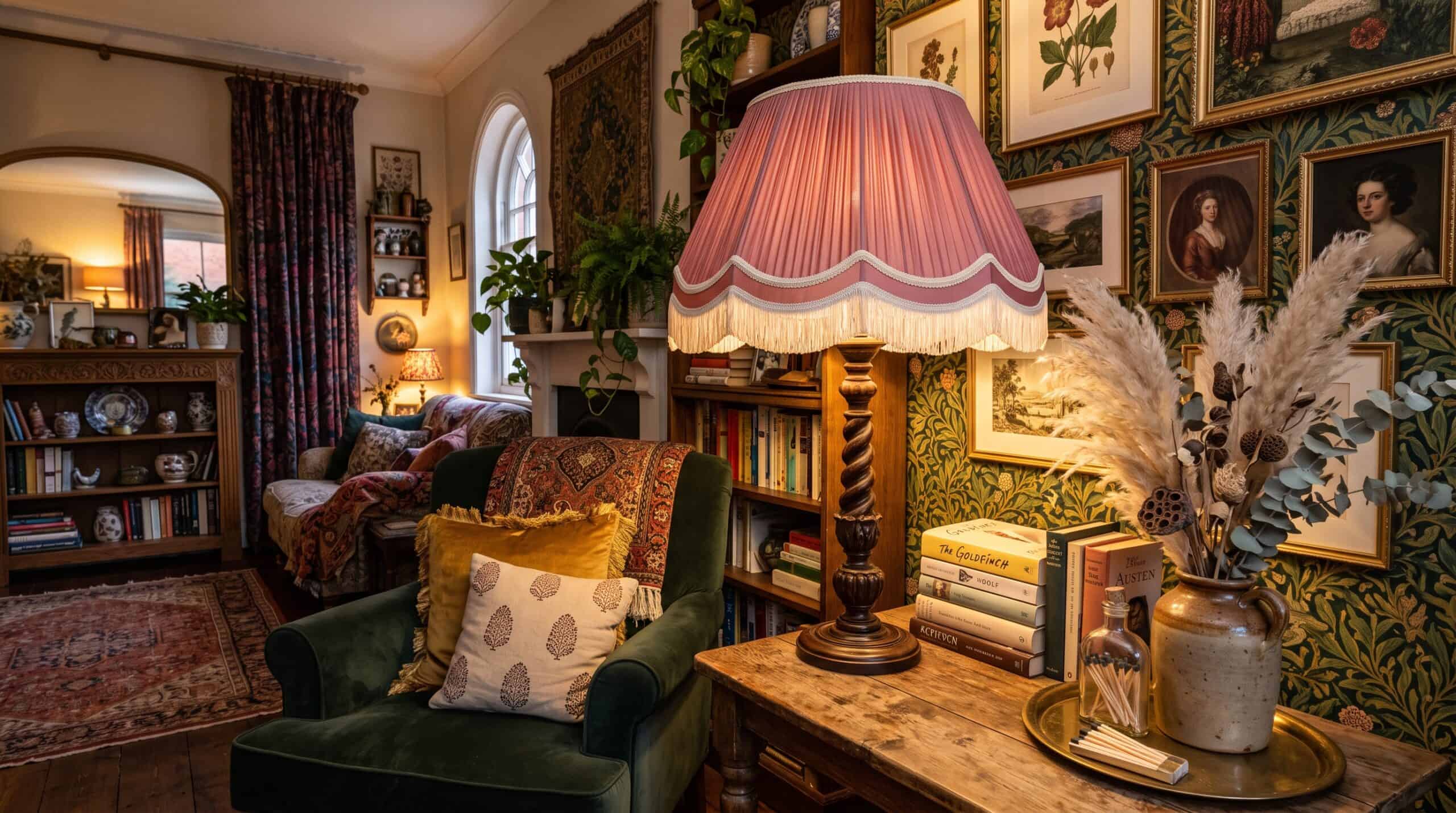 Vintage-Wohnzimmer mit Glaslampenschirm, antiken Möbeln und gerahmten Kunstwerken.