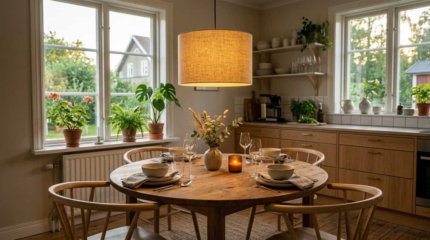 pantallas de lino — lámpara colgante terminada instalada sobre una mesa de comedor con luz cálida de la tarde