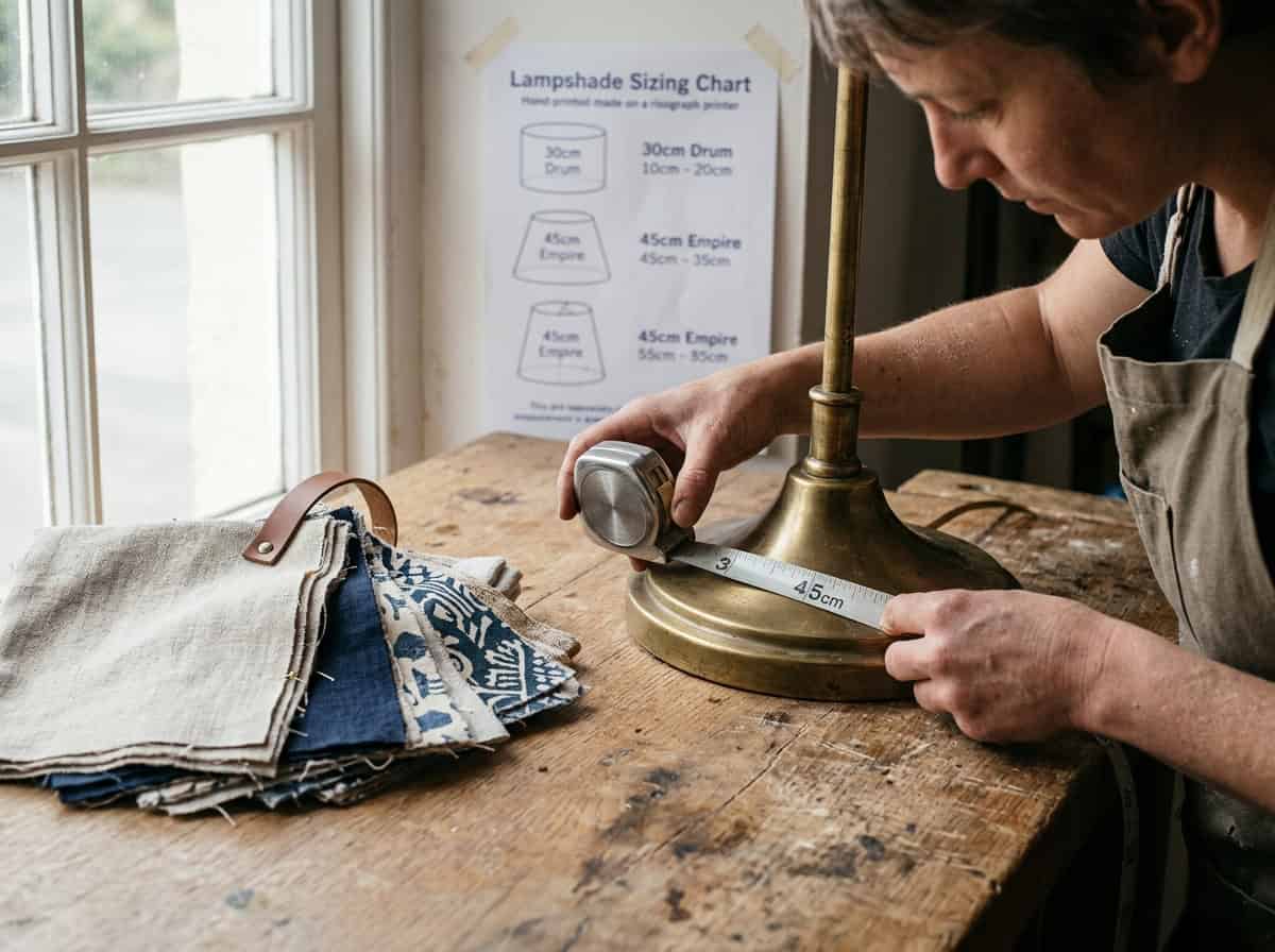 Artesano midiendo una pantalla de latón con una cinta métrica en el taller.