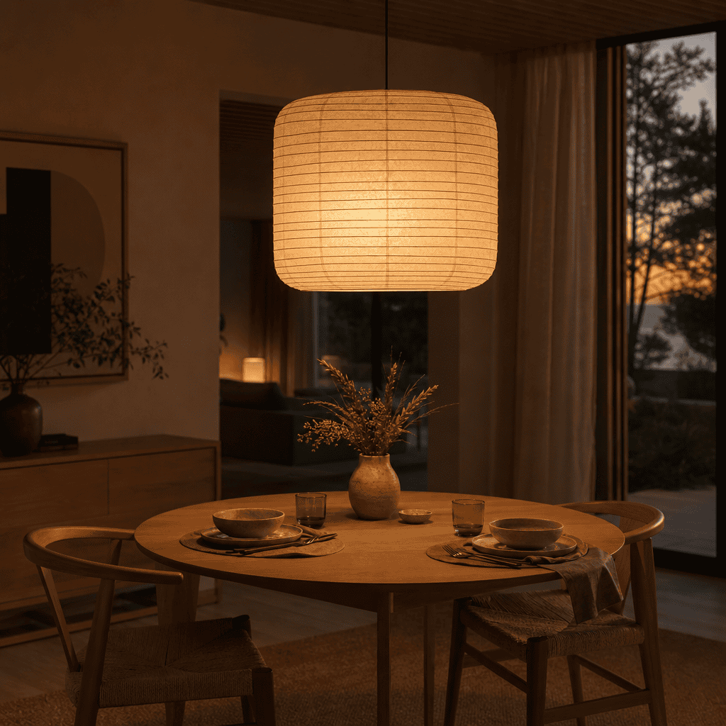Warm washi paper pendant lamp casting a soft glow in a cozy dining room at dusk