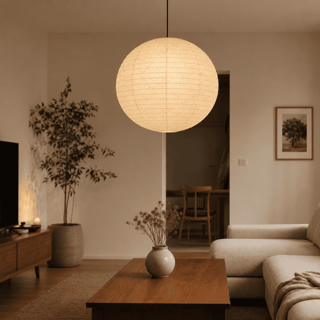 Paper lampshade glowing warmly in a cozy living room interior