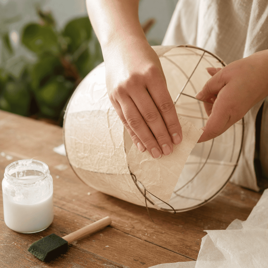 Hands pressing washi paper strips onto a wire lampshade frame with a brush