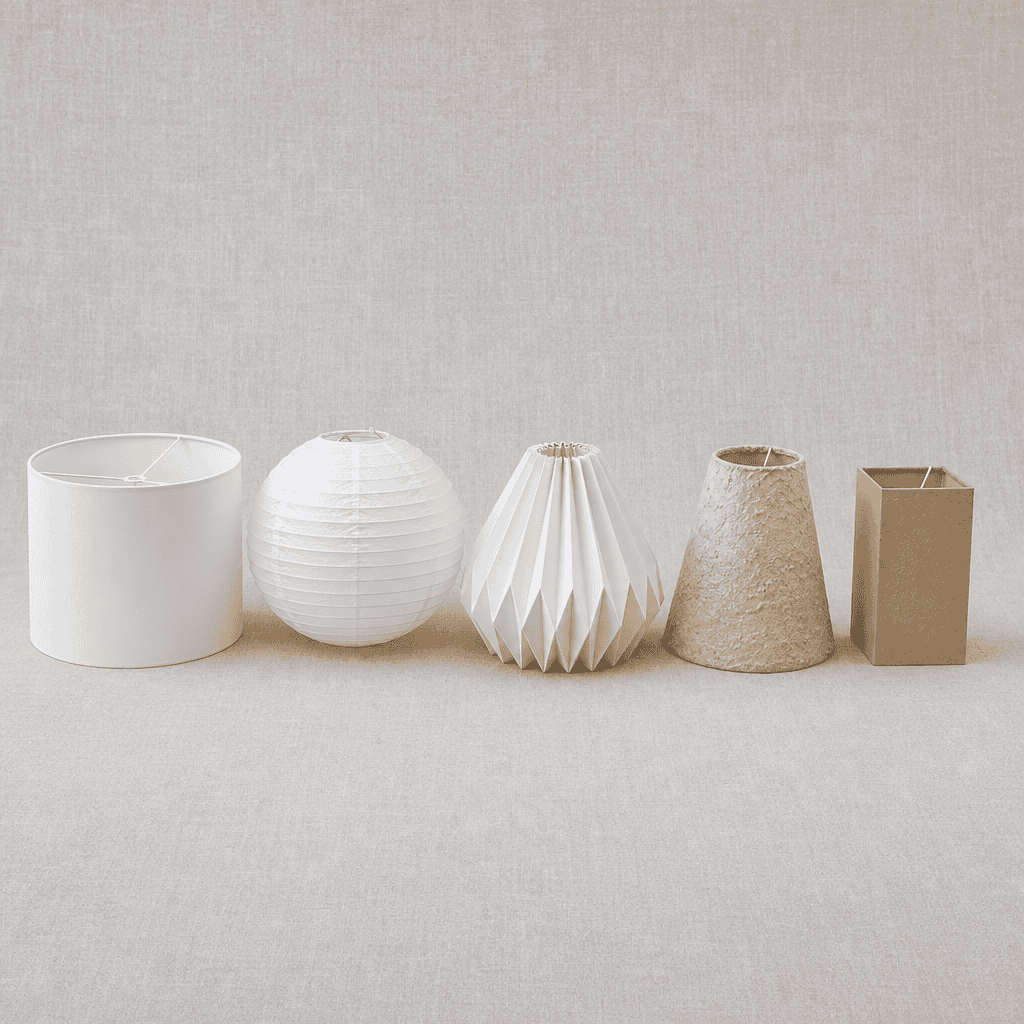 Five paper lampshade styles shown in a flat-lay comparison
