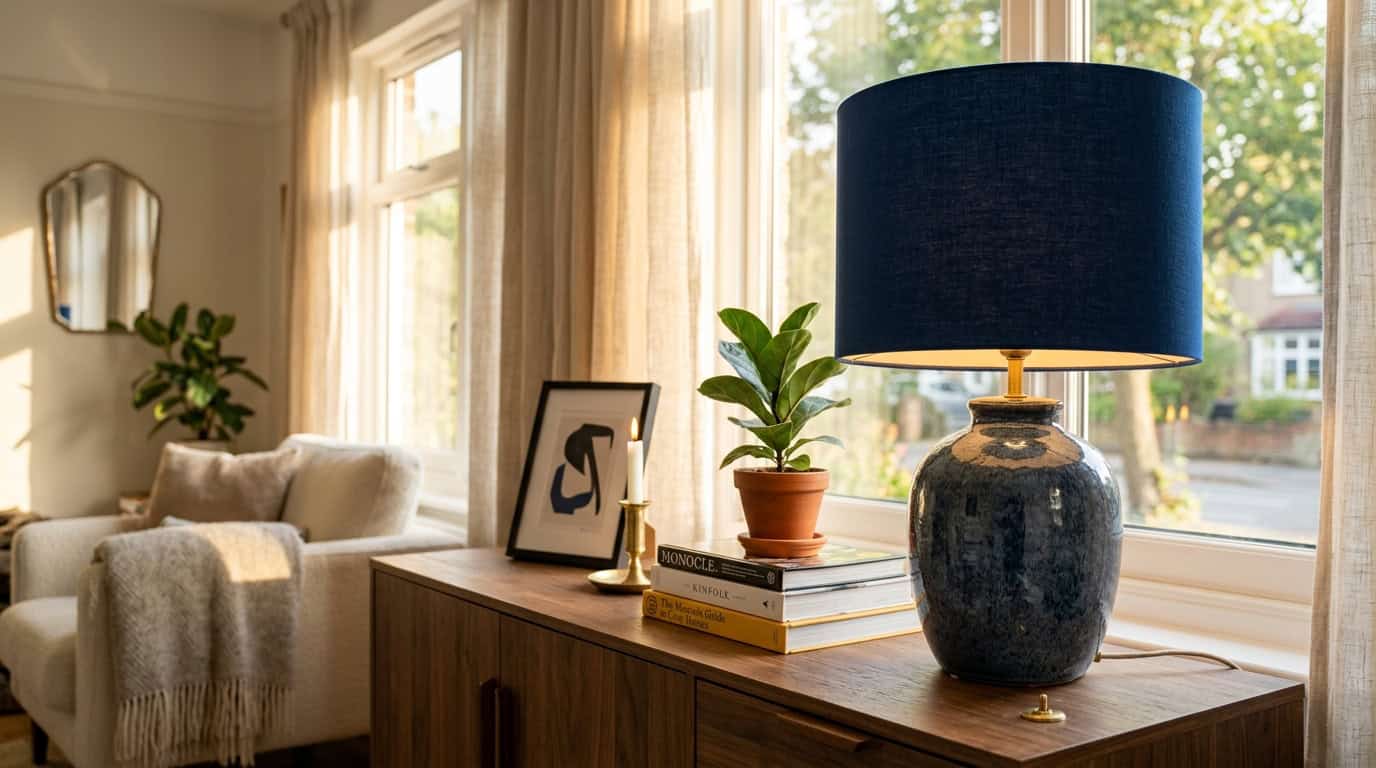pooky lampshades — modern living room sideboard with table lamp in a bold-patterned drum shade, golden hour light