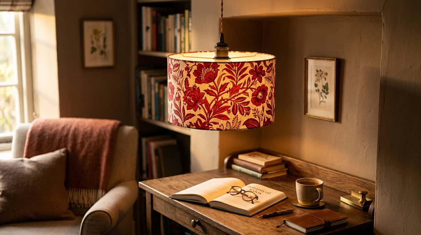 Abajur decorativo de vidro com padrão floral em ambiente de sala de estar aconchegante.