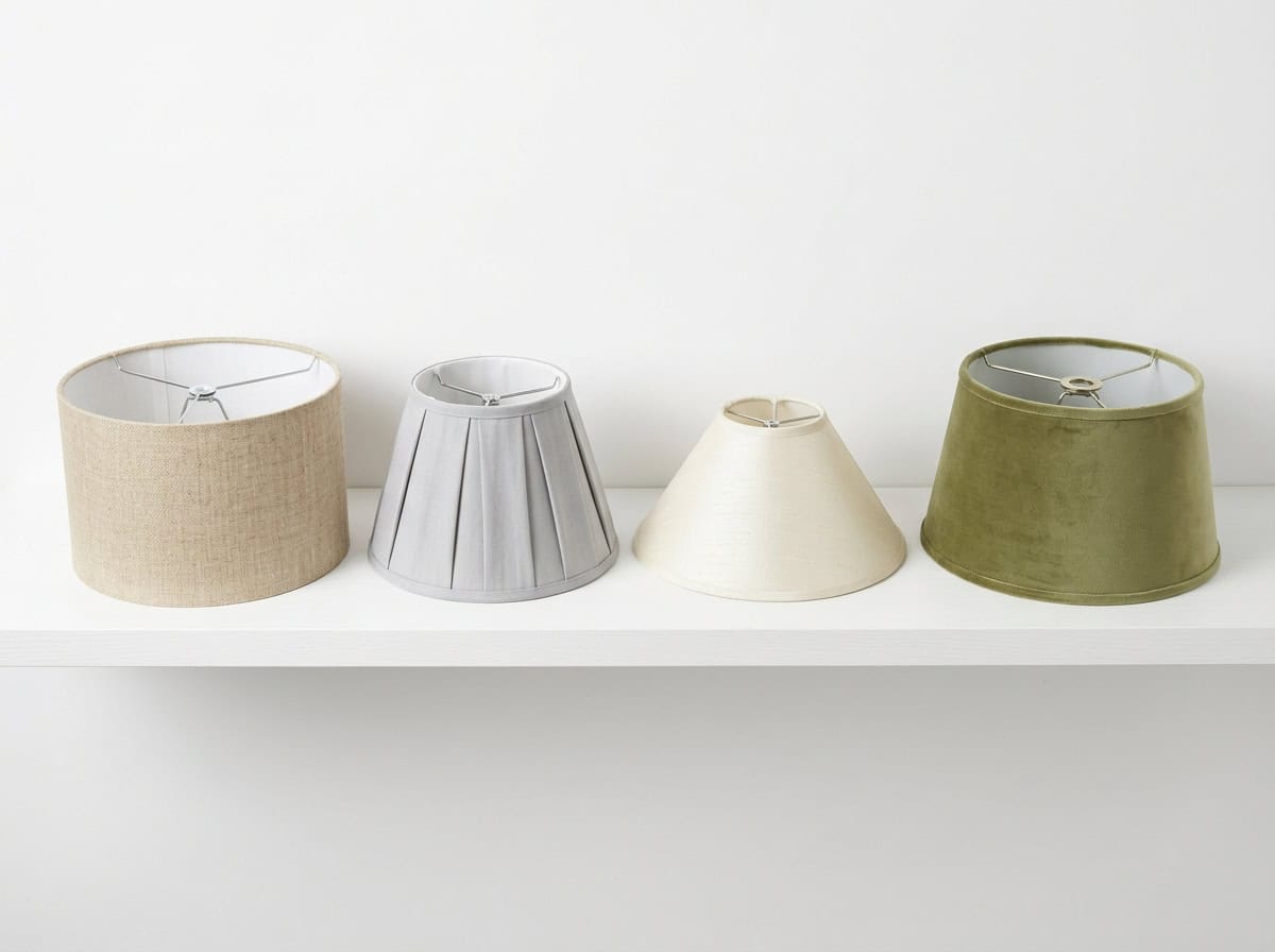 pooky lampshades — four shade silhouettes (drum, empire, coolie, pendant) arranged on a white studio shelf