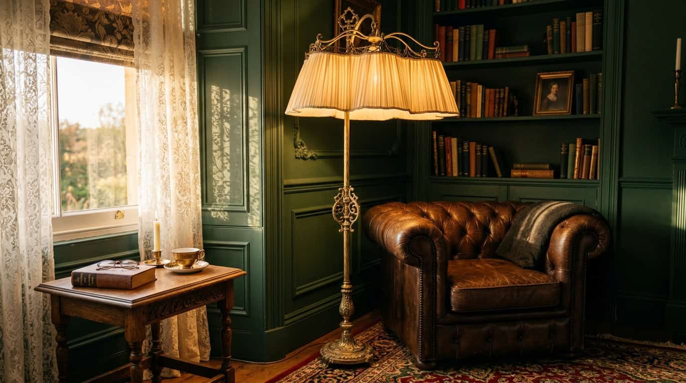 Vintage glass lampshade illuminating a cozy, traditional living space.