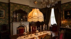 Vintage glass lampshade hanging over a classic dining table with candelabras.