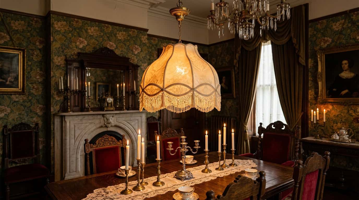 Vintage glass lampshade hanging over a classic dining table with candelabras.