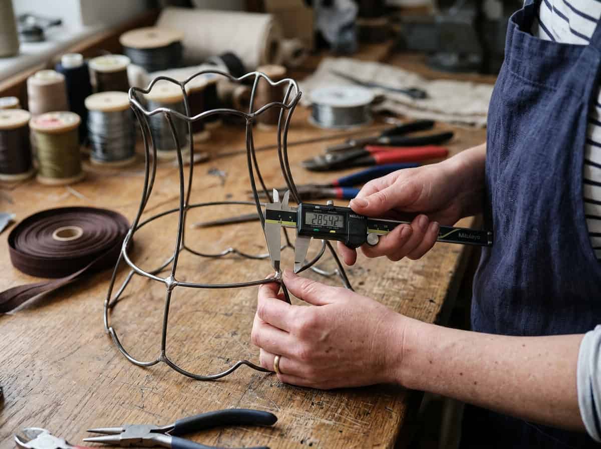 Craftsman measuring metal frame for glass lampshade in workshop.